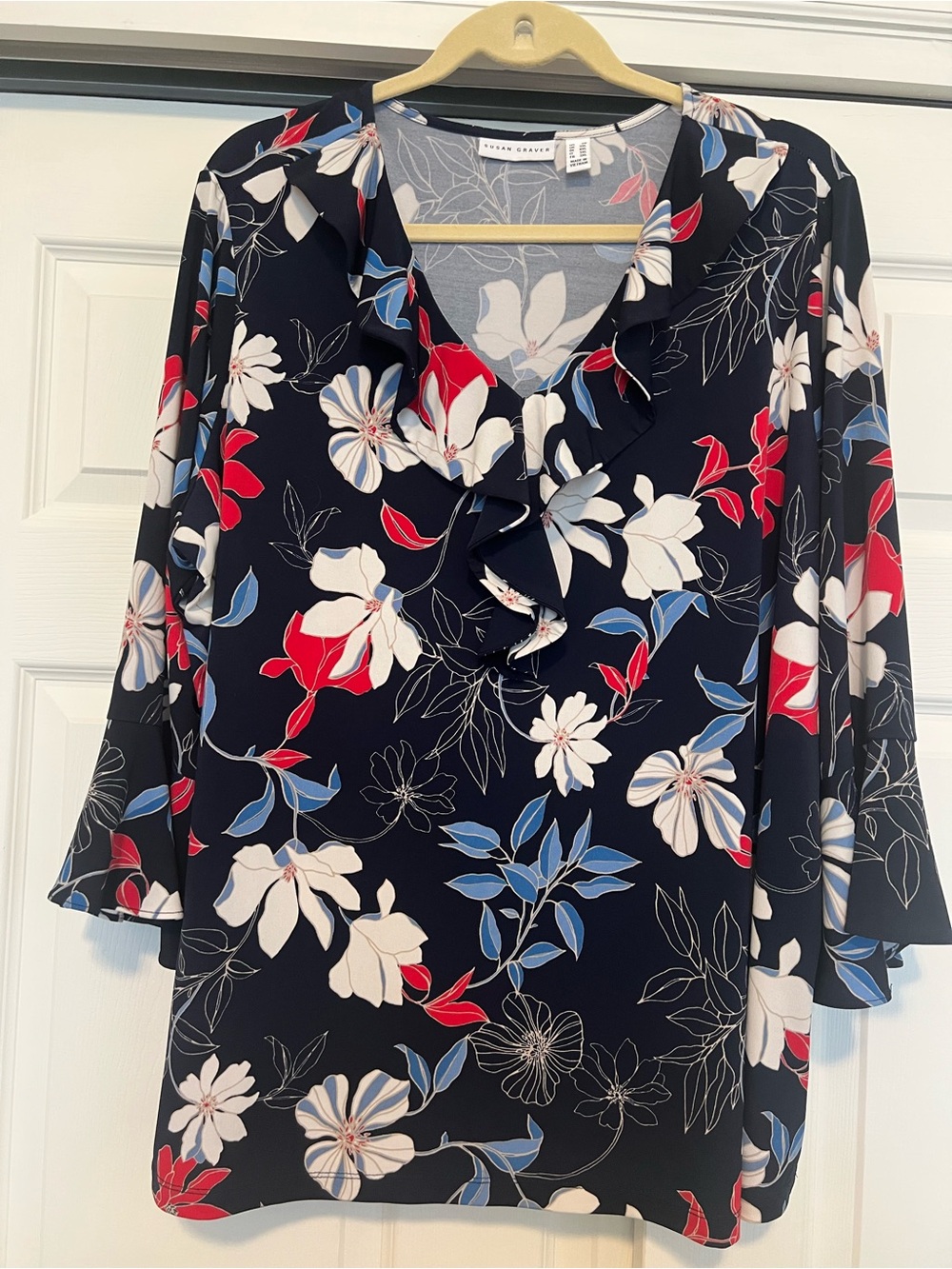 Susan Graver Navy Floral Ruffle V-Neck Blouse - Navy/Red/White/Blue, Size 2x. - Picture 2 of 4